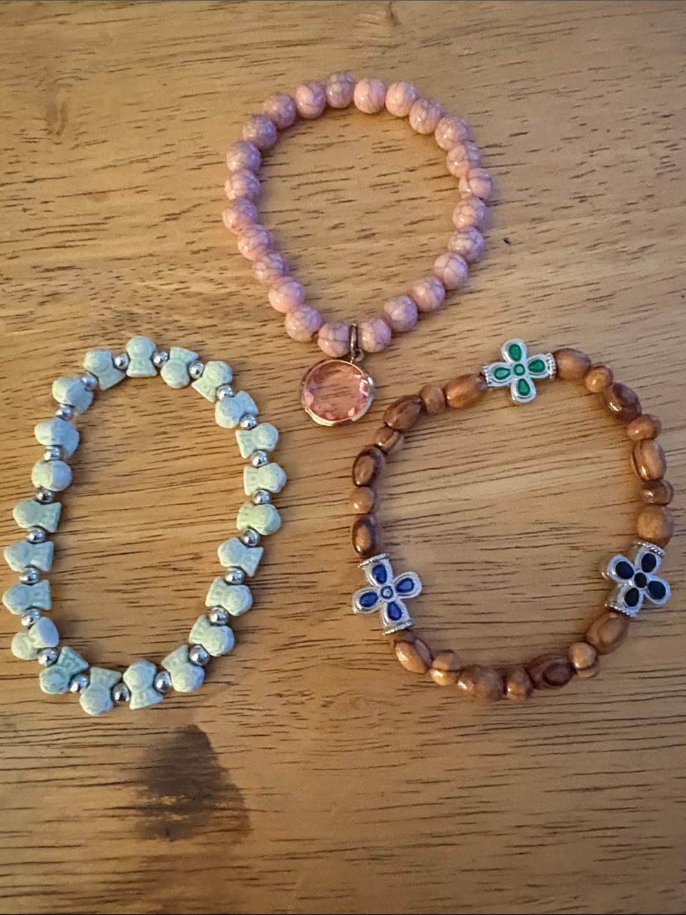 Set of 3 Pink Beaded Stretch Bracelet with Crystal Charm